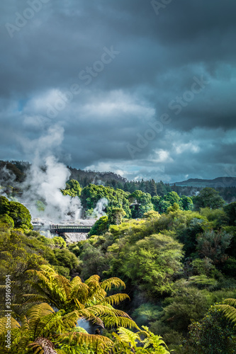 Dramatic winter sky over geothermal zone in mountains near Rotorua