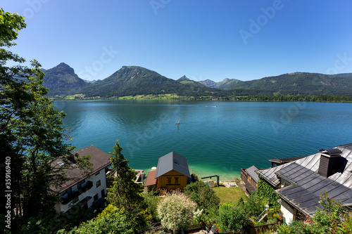 Landscape of Wolfgangsee lake with its surrounding mountains. Austria 