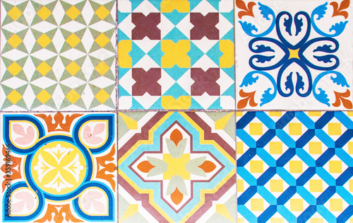 Detail of the traditional tiles from facade of old house. Decorative tiles.Valencian traditional tiles. Floral ornament.