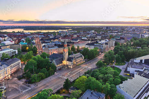 Aerial view of The National Museum of Finland, Helsinki in summer night. photo