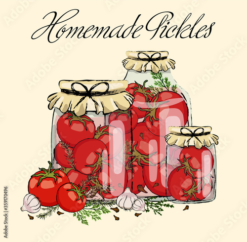 Home-made preparations, pickles and preservation. Glass jars with tomatoes and herbs.
Stock vector.