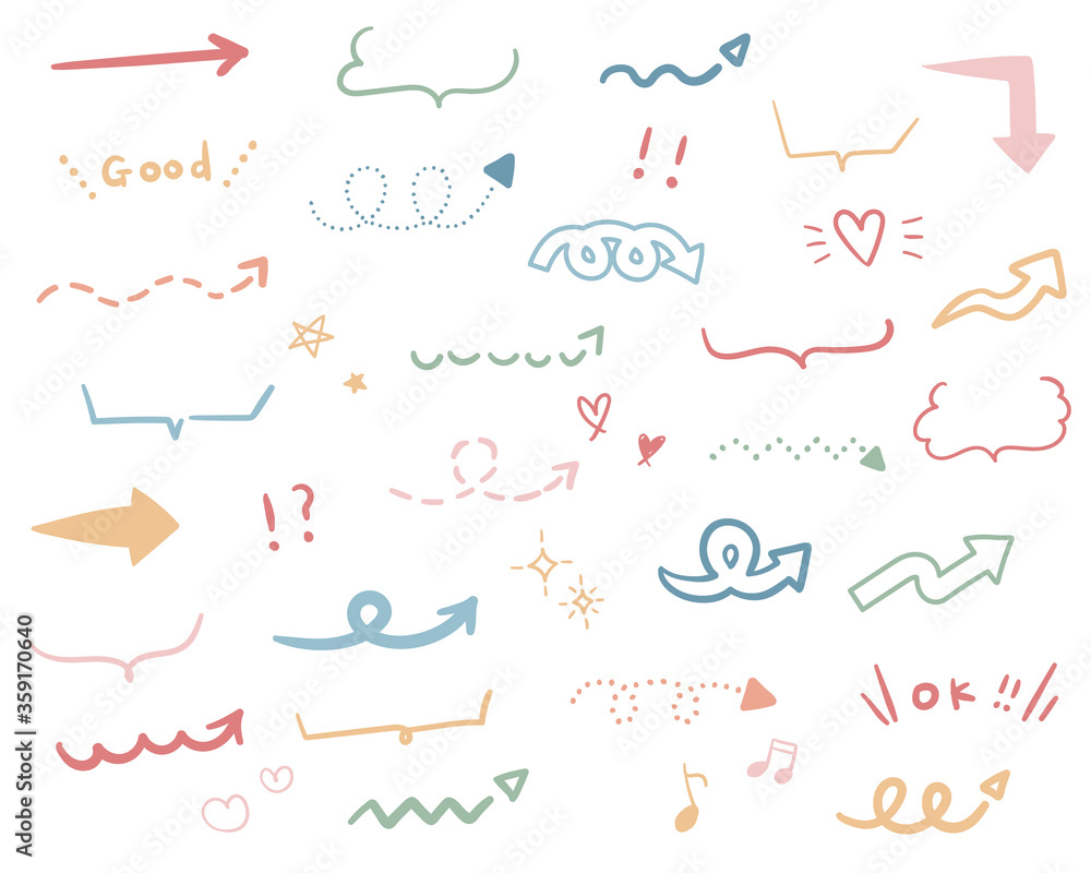 手書きの矢印のイラストのセット/シンプル/かわいい/おしゃれ 手書きの矢印のイラストのセット/シンプル/かわいい/おしゃれ