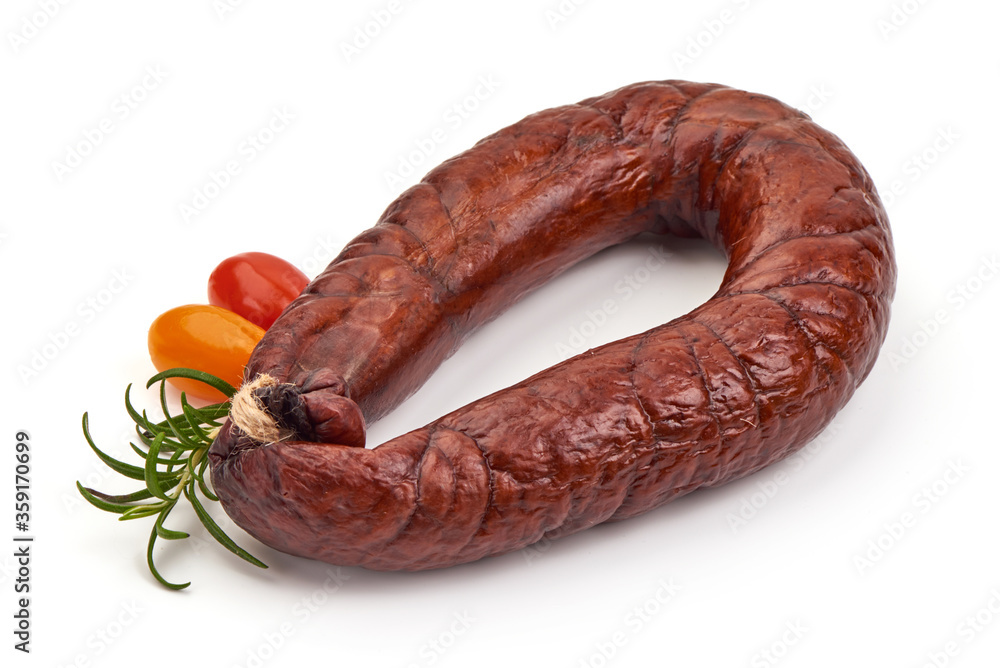Smoked pork sausage, isolated on white background Smoked pork sausage, isolated on white background