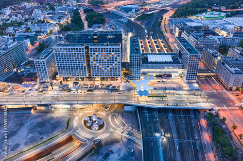 Aerial view of the brand new railway station and shopping mall in Pasila district, Helsinki, Finland.