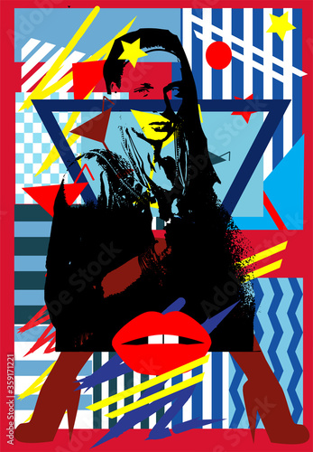 Woman in black, graffiti pop art, zigzag, stripes, stars and cocktail glasses. Modern color abstract background