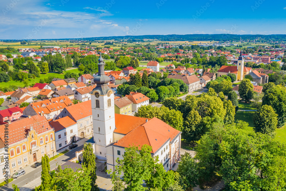 Panoramic aerial view of the town of Koprivnica in Podravina region in Croatia, church and city park