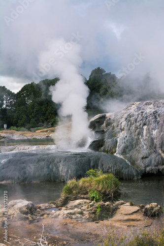 Active geysers erupting above terraced pools