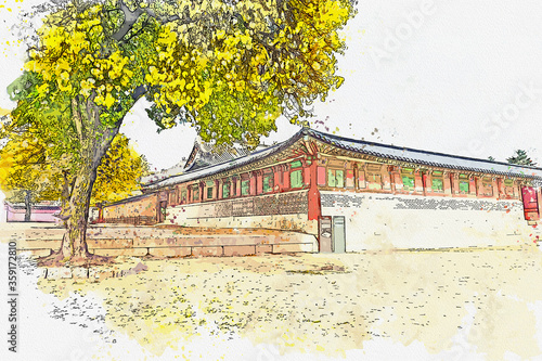 Watercolor drawing picture at Gyeongbokgung Palace.South Korea. photo