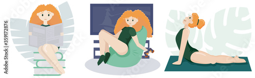 Set of hobby red-haired girls. Vector illustration of a woman reading, playing computer games and doing yoga.