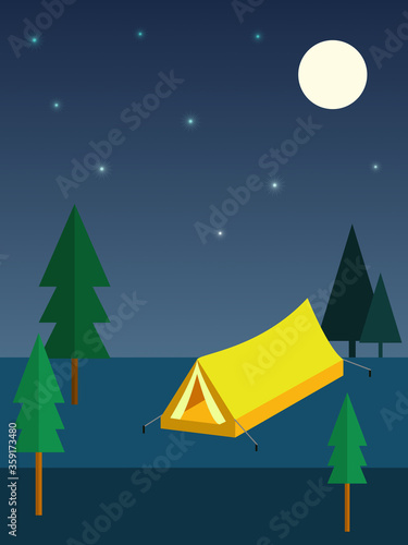 Vector illustration of night camp under the moon and star.