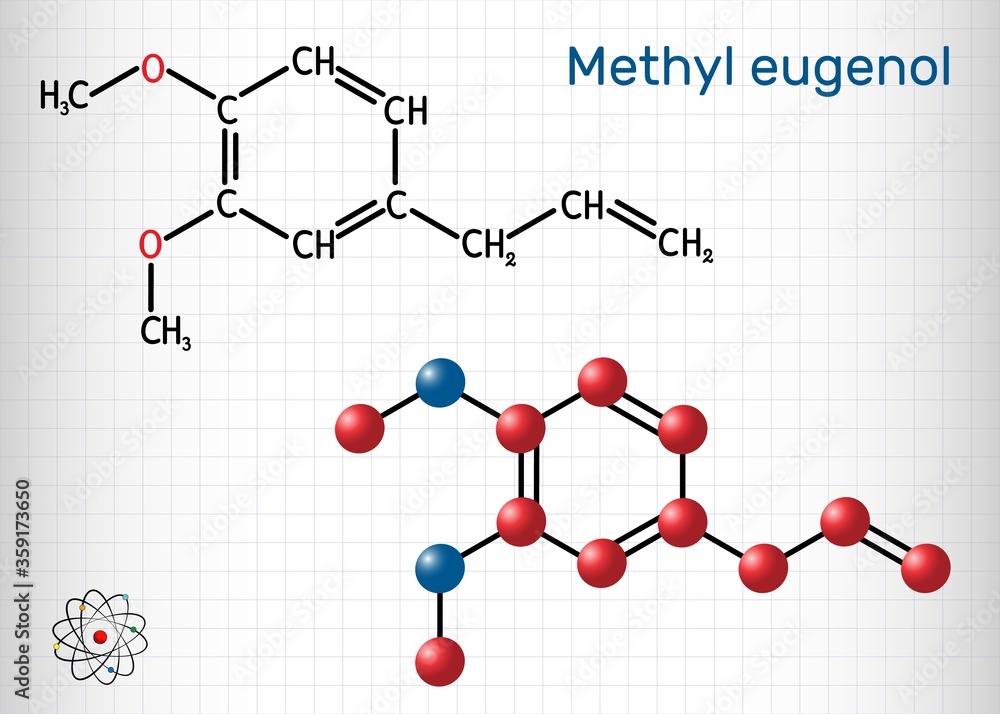 Methyl eugenol, allylveratrol, methyleugenol molecule. It is phenylpropene, a type of phenylpropanoid. Is used as flavoring agent, as fragrance, as anesthetic in rodents. Sheet of paper in a cage. Vec Methyl eugenol, allylveratrol, methyleugenol molecule. It is phenylpropene, a type of phenylpropanoid. Is used as flavoring agent, as fragrance, as anesthetic in rodents. Sheet of paper in a cage. Vec