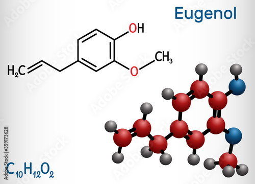 Eugenol, clove essential oil molecule. Is used as flavoring for foods and teas and as herbal oil  to treat toothache. Structural chemical formula and molecule model