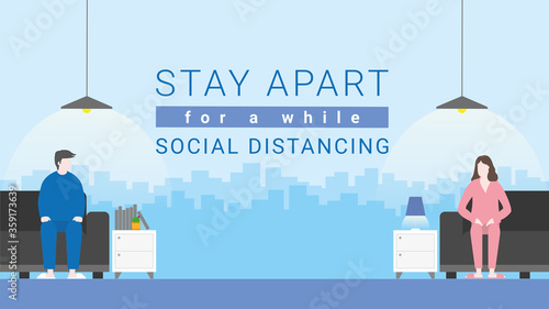 Social distancing concept. Couple sitting apart at home