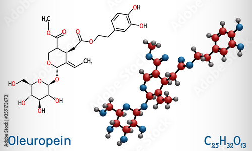 Oleuropein, catechol, glycoside molecule. It has role as plant metabolite, anti-inflammatory, antineoplastic, antihypertensive agent. Structural chemical formula, molecule model