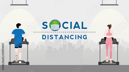 Social distancing concept. Man and woman in a fitness center treadmill.