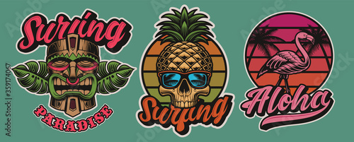 Set of colorful Hawaii surfing illustrations with tiki mask  skull  flamingo. These vectors are perfect for logos  shirt prints  and many other uses as well.
