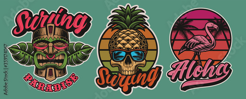 Set of colorful Hawaii surfing illustrations with tiki mask, skull, flamingo. These vectors are perfect for logos, shirt prints, and many other uses as well.