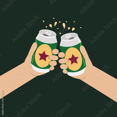hand holding can and cheers with party.