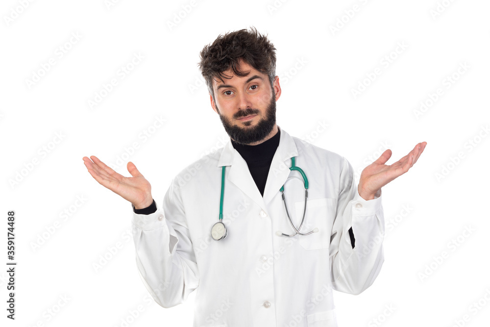 Young doctor with beard wearing a medical gown Young doctor with beard wearing a medical gown
