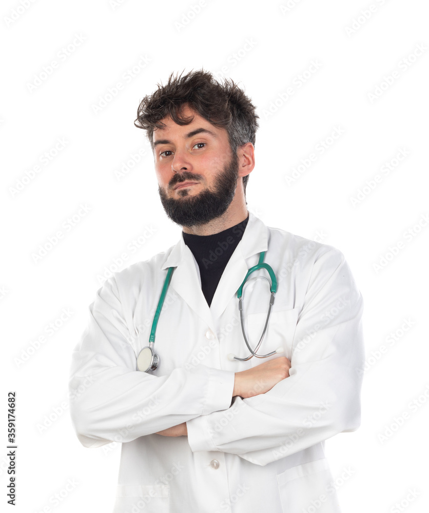 Young doctor with beard wearing a medical gown Young doctor with beard wearing a medical gown