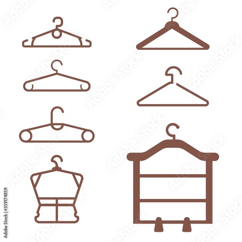 Clothes hanger vector icons set. Regular and specialized for dress and with claps for trousers. Dressing room sign design element.