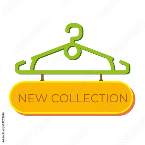 Clothes hanger with new collection tag. Green bright hanger with frame for text. Element for studio sewing and tailoring atelier.