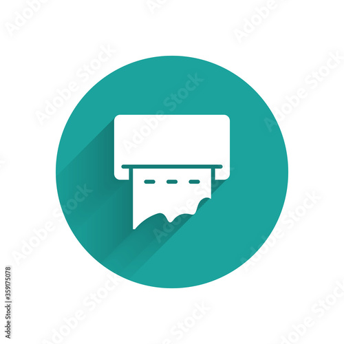White Paper towel dispenser on wall icon isolated with long shadow. Equipment for public toilets, hygiene care and clean hands. Green circle button. Vector Illustration.