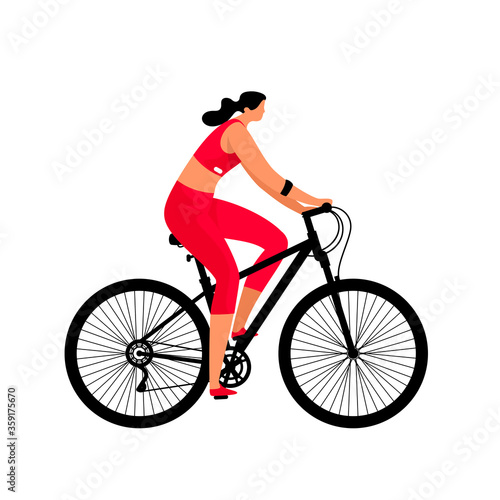 Fototapeta Naklejka Na Ścianę i Meble -  Girl on a bicycle on white background. Sport Activities and Healthy Lifestyle. Woman Cartoon Character. Vector Illustration.