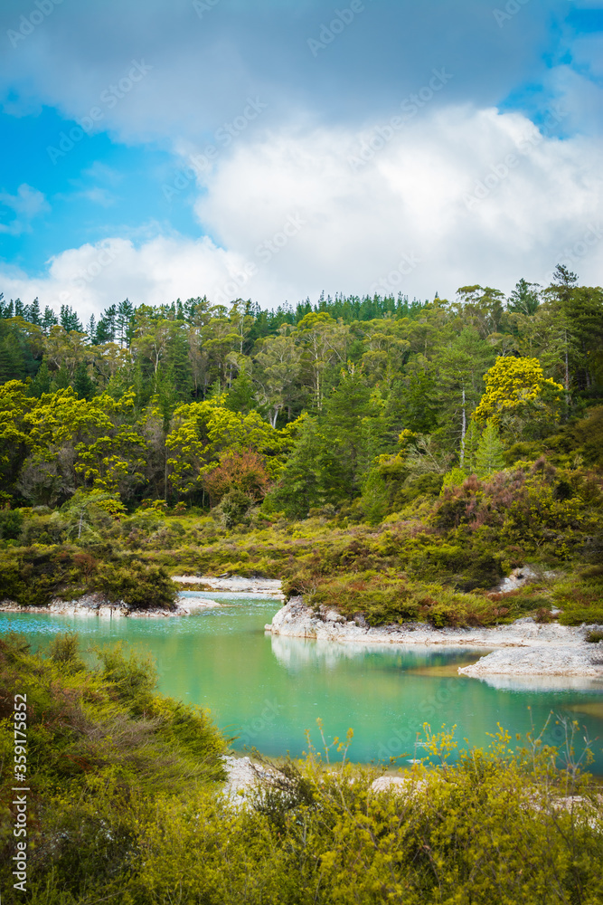 Obraz premium Turquoise waters of geothermal lake surrounded by low trees and shrubbery