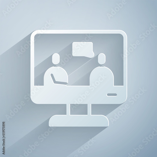 Paper cut Online education and graduation icon isolated on grey background. Online teacher on monitor. Webinar and video seminar learning. Paper art style. Vector Illustration.