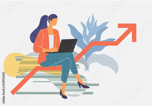 Yong woman sitting cross legged and working on red arrow ladder to success and progress, Vector illustration in flat design style with business concept.