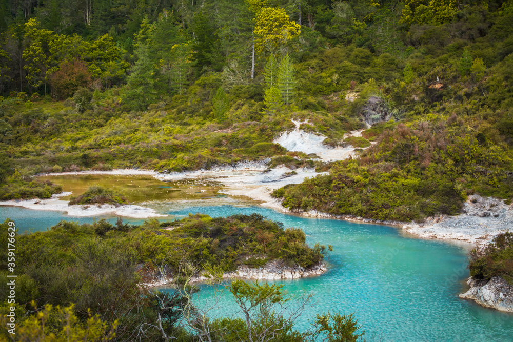 Obraz premium Cyan waters of geothermal lake surrounded by low trees and shrubbery