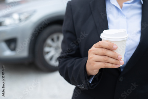Businessmen are drinking hot coffee before leaving to work at the office every time.