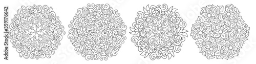 Doodle coloring antistress flower set. Page book with leaf isolated on white. Bundle hand drawing art line for card. Design cloth. Sketch vector stock illustration. EPS 10