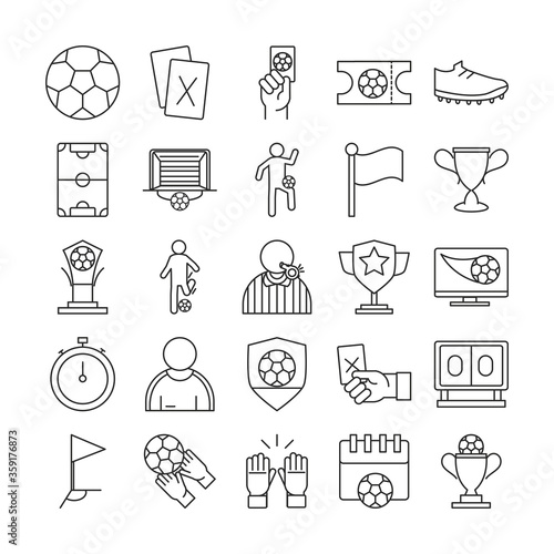 soccer game, trophy league recreational sports tournament line style icons set