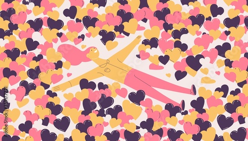 Bright girl making snow angel in likes, hearts, valentines. Happy female character drawn in outline and vibrant pink and yellow. Social popularity illustration