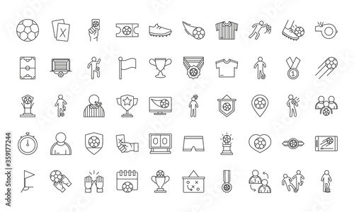 soccer game, trophy league recreational sports tournament line style icons set