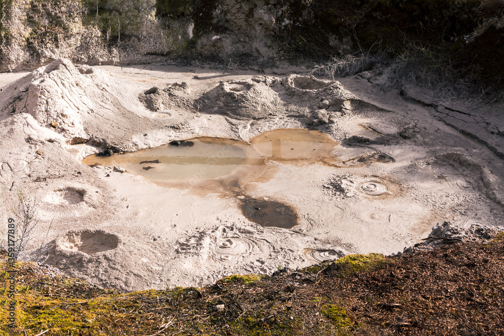 Close-up of boiling and bubbling hot mud pool.