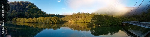 Beautiful morning panoramic view of Cockle creek with reflections of blue sky  foggy mountains and trees  Mangrove boardwalk  Bobbin Head  Ku-ring-gai Chase National Park  New South Wales  Australia 