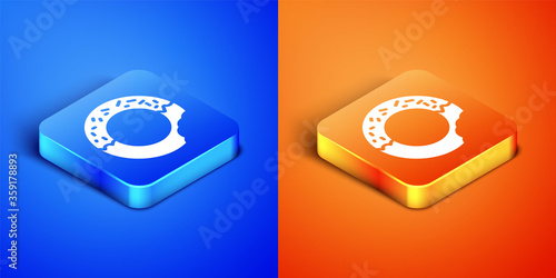 Isometric Donut with sweet glaze icon isolated on blue and orange background. Square button. Vector.