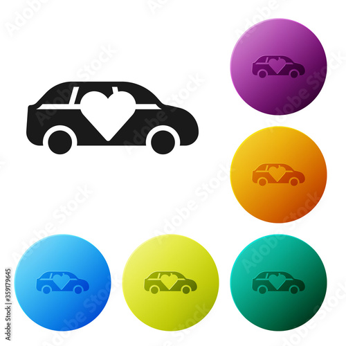 Black Luxury limousine car icon isolated on white background. For world premiere celebrities and guests poster. Set icons in color circle buttons. Vector.