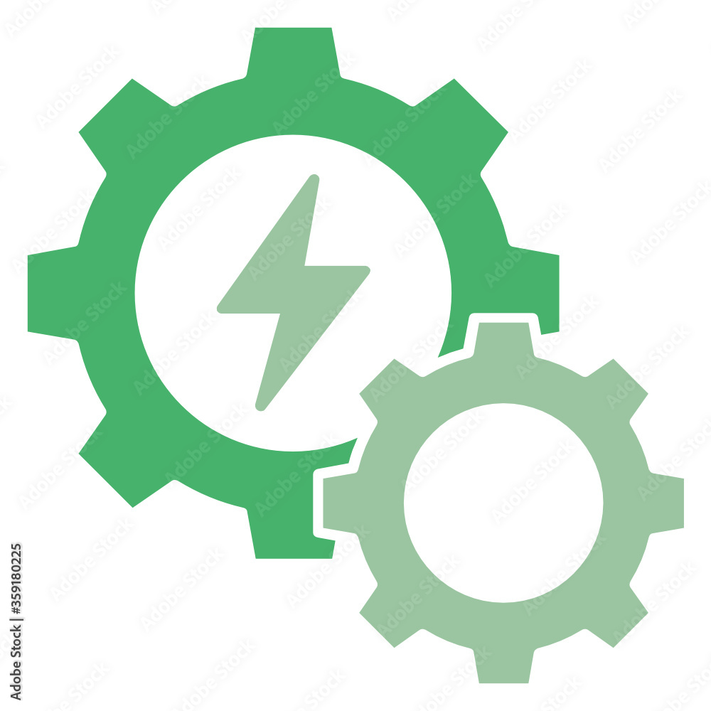 Eco Mechanism Settings Green Factory Vector Icon, Renewable and Sustainable Electricity Symbol on white background, Cogwheel with Thunder Bolt Design Eco Mechanism Settings Green Factory Vector Icon, Renewable and Sustainable Electricity Symbol on white background, Cogwheel with Thunder Bolt Design