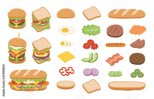 Set of ingredients for burger and sandwich on white background. Fast food Burger. Junk food concept.