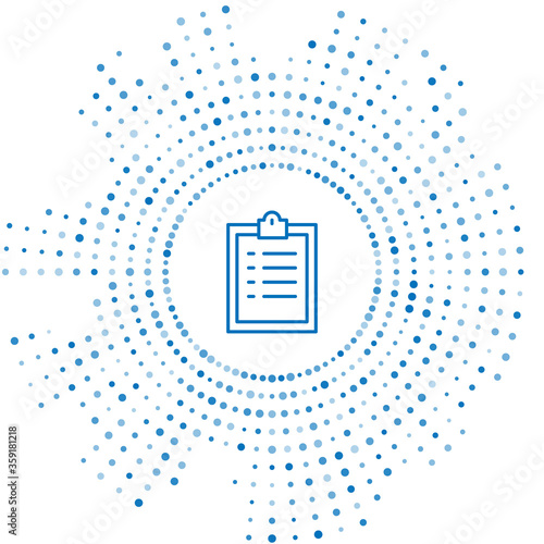 Blue line Clipboard with checklist icon isolated on white background. Control list symbol. Survey poll or questionnaire feedback form. Abstract circle random dots. Vector Illustration.