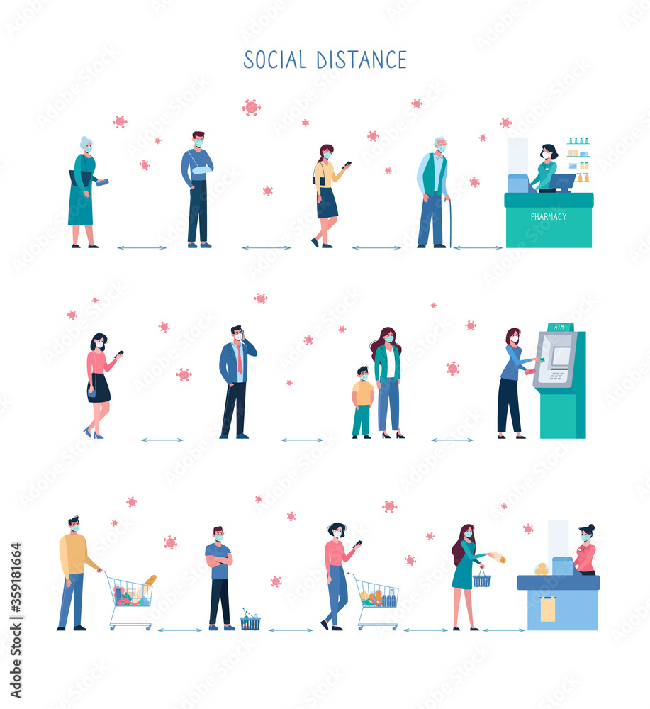 People keep their distance when they stand in line at the ATM, supermarket, pharmacy. Social safe distance between people so as not to spread the virus, coronavirus covid 19. Men and women. Vector set