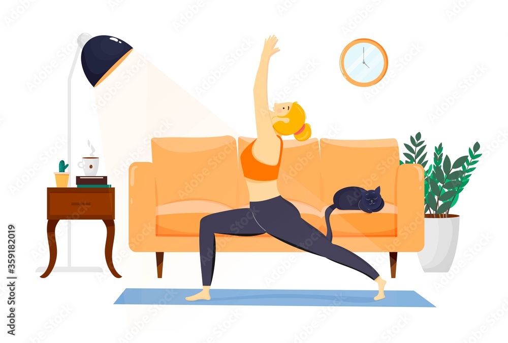 Happy healthy young man practicing yoga in living room, relaxing weekend at home. Vector illustration. Sport activity, workout, exercise, fitness, indoor, meditation, lifestyle, stay at home concept
