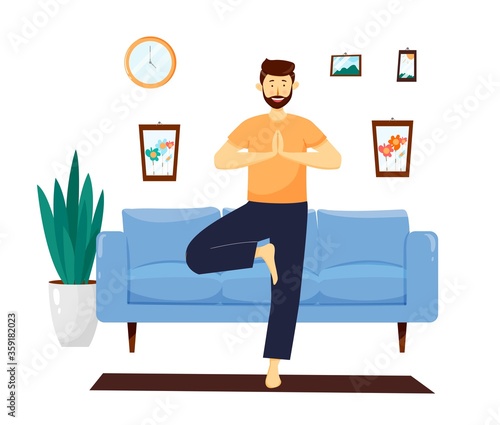 Happy healthy young man practicing yoga in living room, relaxing weekend at home. Vector illustration. Sport activity, workout, exercise, fitness, indoor, meditation, lifestyle, stay at home concept