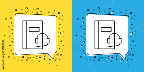 Set line Audio book icon isolated on yellow and blue background. Book with headphones. Audio guide sign. Online learning concept. Vector Illustration.