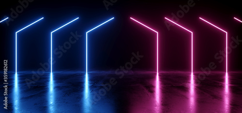 Fototapeta Naklejka Na Ścianę i Meble -  Retro Sci Fi Modern Futuristic Laser Neon Beams Glowing Purple Blue Vibrant On Concrete Floor Dark Background Virtual Reality Synth 3D Rendering
