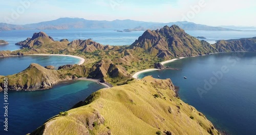 Aerial day view of the tri-colored beaches of Padar Island, a stunning place near Komodo National Park, Nusa Tengarra, Indonesia, travel destination in Asia photo